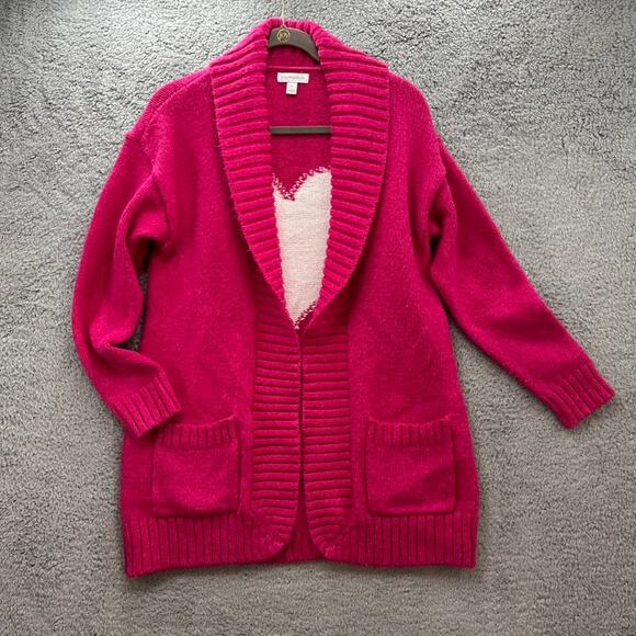Charter Club Large Pink Open Front Cardigan White Heart on Back Fun Casual Cozy - Picture 2 of 10